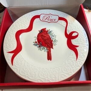 Rare Lenox Winter Greetings Carved Accent Plates Red Cardinal Peace Christmas